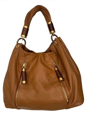 Michael Kors Cognac Tonne Leather Hobo bag with python-accented zipper pulls